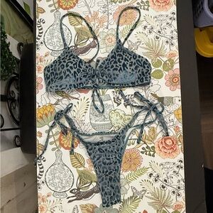 Leopard Print Blue Bikini Set Textured Sexy String Bikini